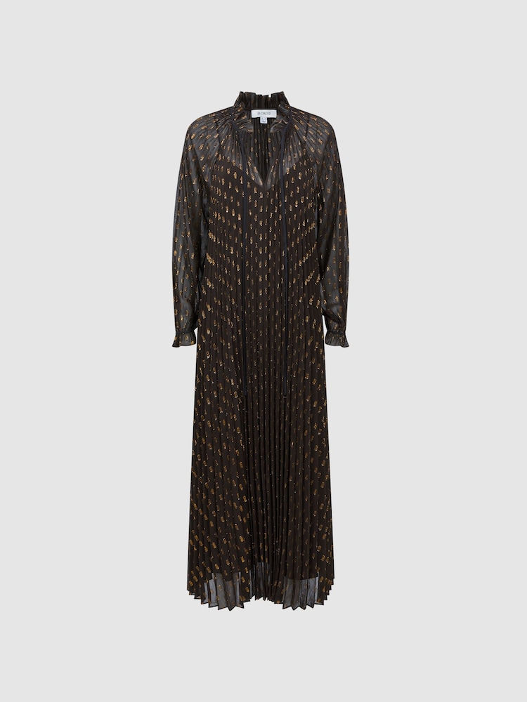 Florere Sheer Metallic Long Sleeve Brown Midi Dress - Image 2 of 6