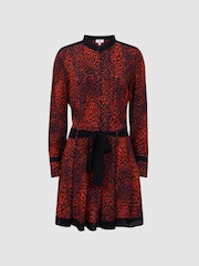 Reiss Red Kinsey Animal Print Belted Mini Dress - Image 2 of 5