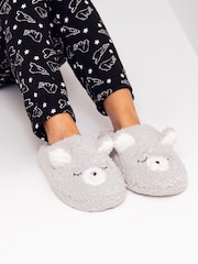Pour Moi Grey Fluffy Bear Mule Slippers - Image 1 of 3