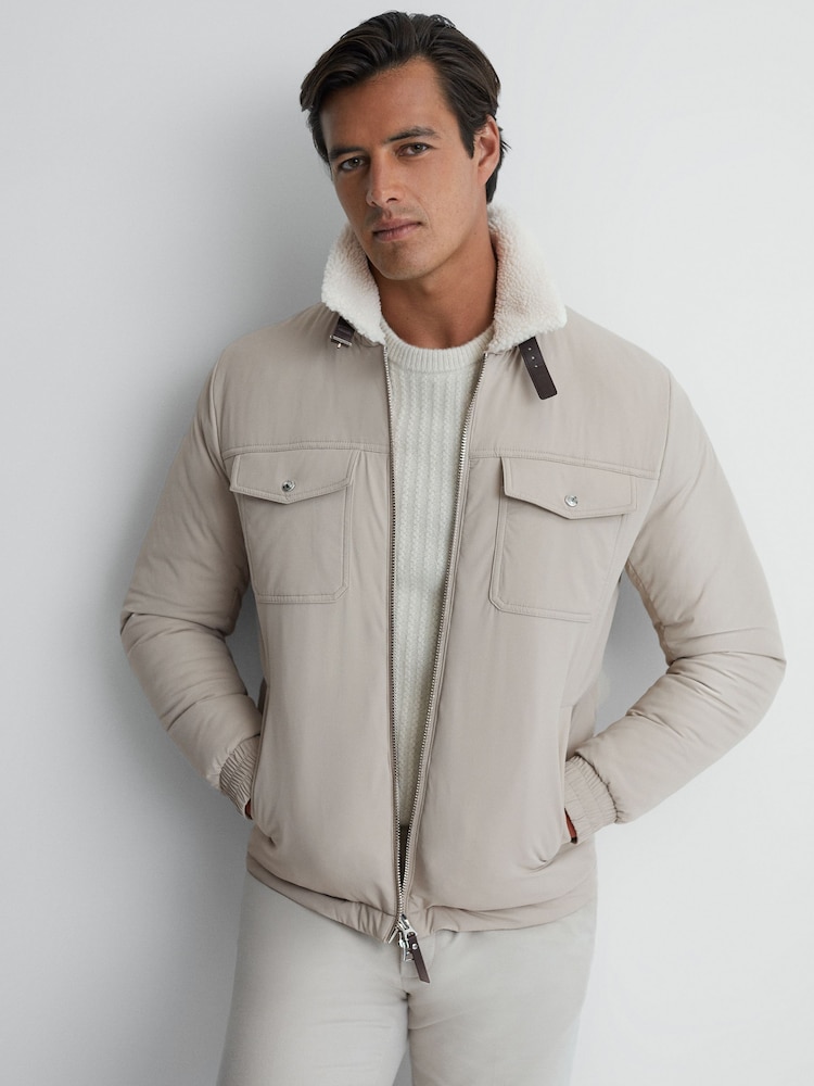 Reiss Stone Harvey Quilted Faux Shearling Collar Coat - Image 1 of 6