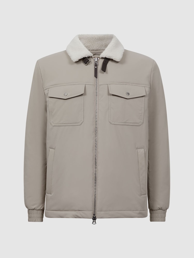 Reiss Stone Harvey Quilted Faux Shearling Collar Coat - Image 2 of 6