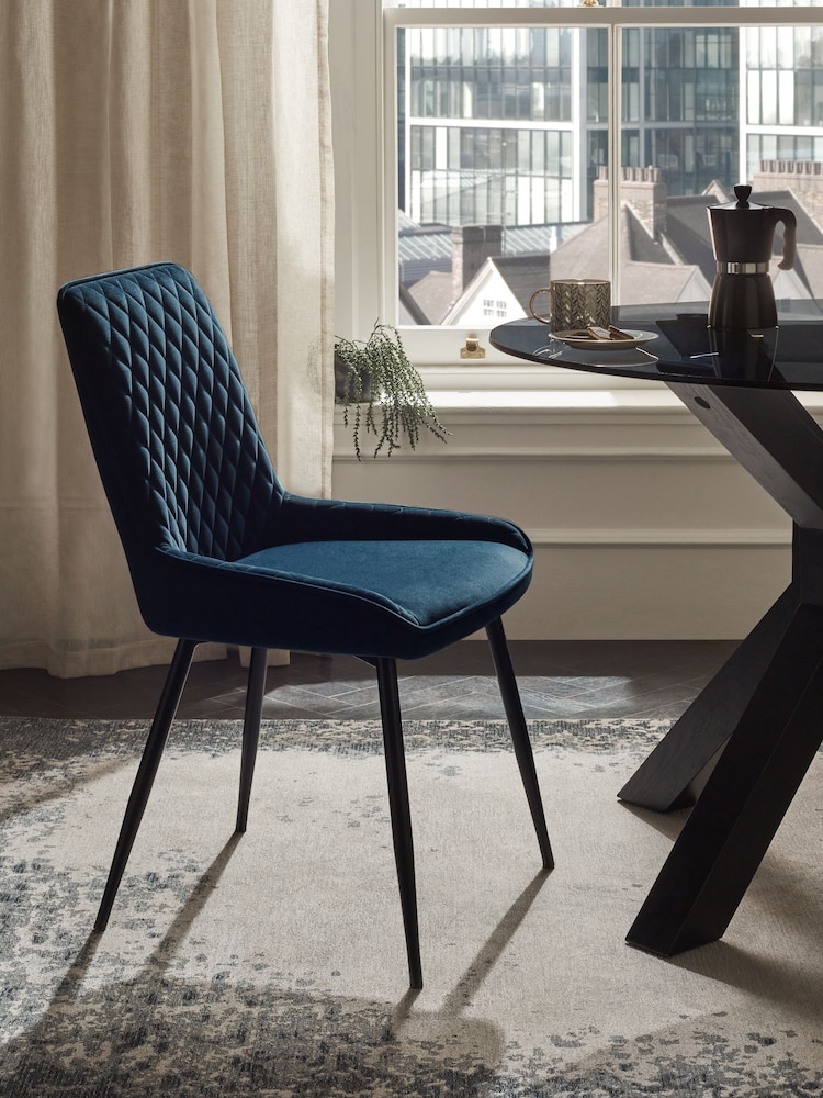 Set of 2 Soft Velvet Navy Blue Hamilton Black Leg Quilted Dining Chairs - Image 1 of 8
