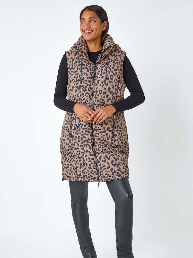Roman Natural Animal Print Longline Hooded Gilet - Image 1 of 5