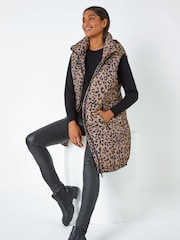 Roman Natural Animal Print Longline Hooded Gilet - Image 3 of 5