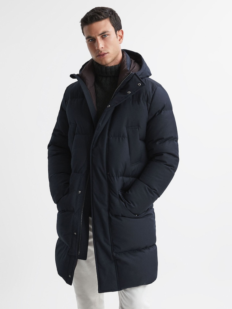 Reiss Navy Billings Quilted Hooded Coat - Image 1 of 5