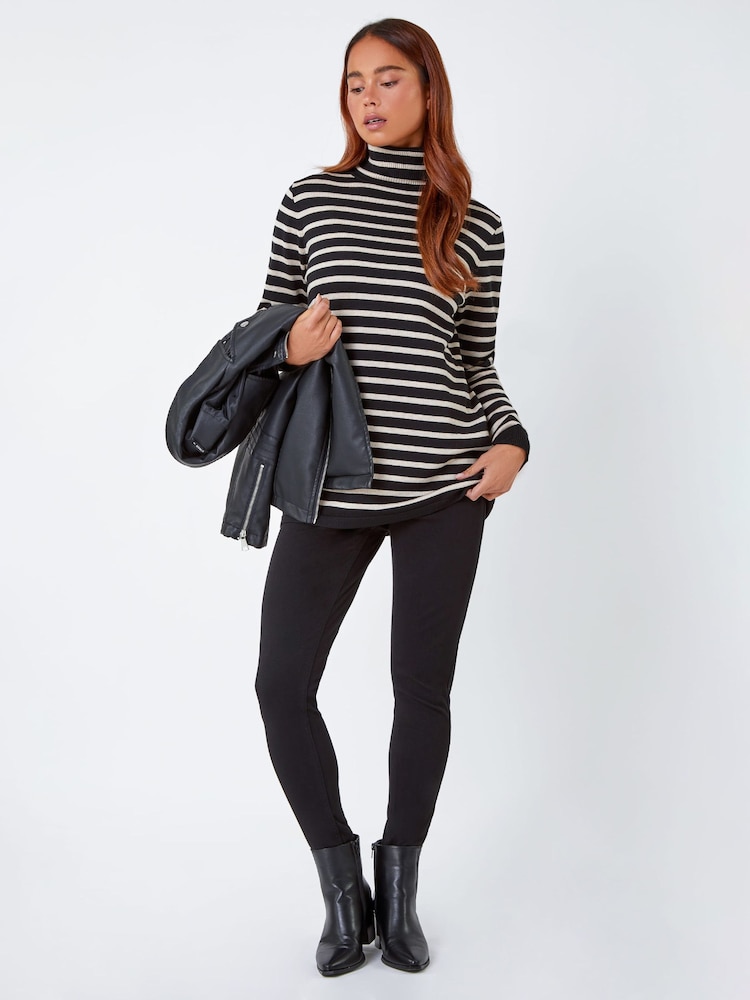 Roman Black/White Petite Stripe Print Roll Neck Jumper - Image 2 of 5