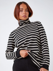 Roman Black/White Petite Stripe Print Roll Neck Jumper - Image 4 of 5