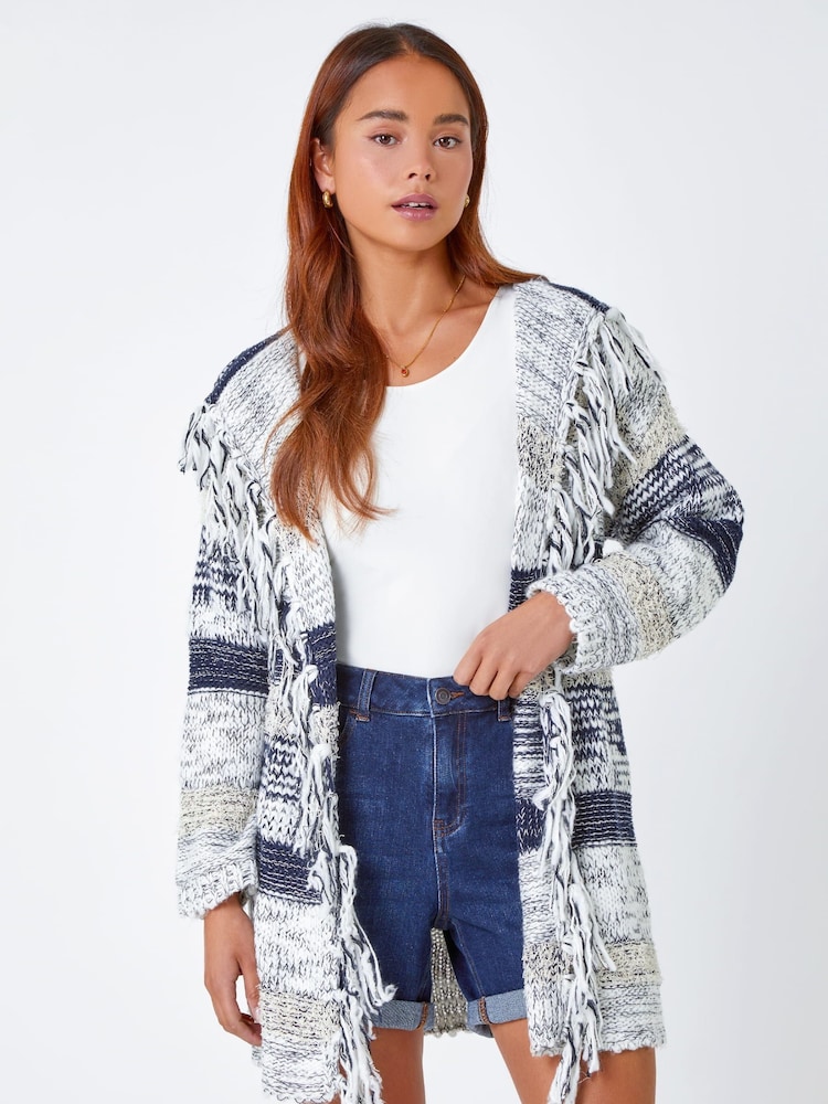 Roman Blue Petite Fringe Detail Hooded Cardigan - Image 1 of 5