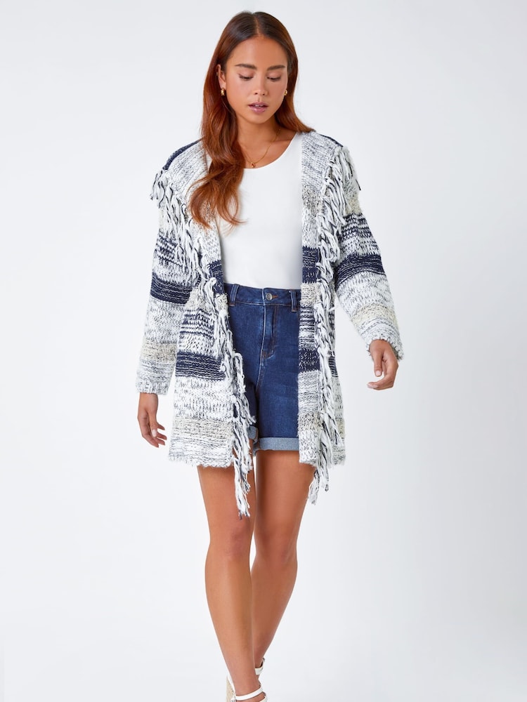Roman Blue Petite Fringe Detail Hooded Cardigan - Image 2 of 5