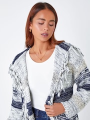 Roman Blue Petite Fringe Detail Hooded Cardigan - Image 4 of 5