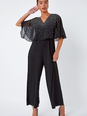 Roman Black Petite Embellished Overlay Stretch Jumpsuit - Image 1 of 5