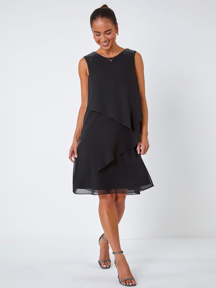 Roman Black Petite Sparkle Detail Tiered Dress - Image 1 of 1 Roman Black Petite Sparkle Detail Tiered Dress - Image 1 of 1