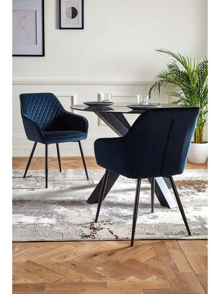 Set of 2 Soft Velvet Navy Blue Hamilton Black Leg Quilted Dining Chairs - Image 1 of 10