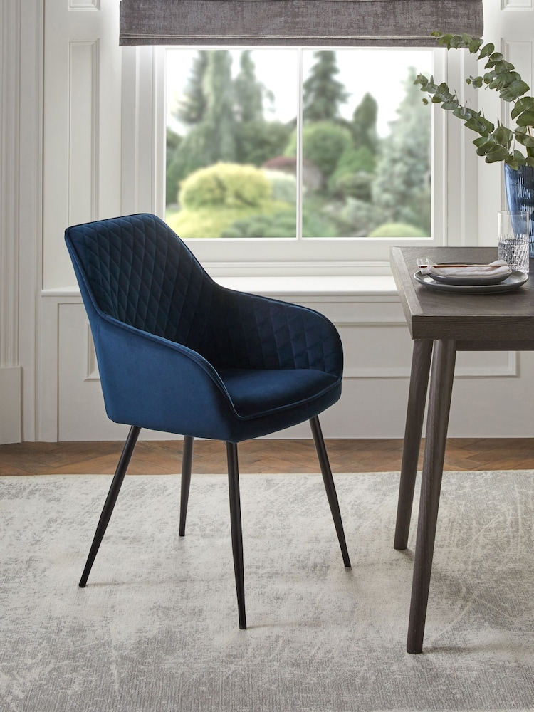 Set of 2 Soft Velvet Navy Blue Hamilton Black Leg Quilted Dining Chairs - Image 2 of 10