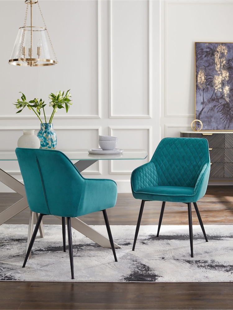 Set of 2 Soft Velvet Teal Blue Hamilton Black Leg Quilted Dining Chairs - Image 1 of 7