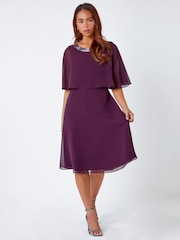 Roman Purple Petite Sparkle Chiffon Cape Dress - Image 2 of 5
