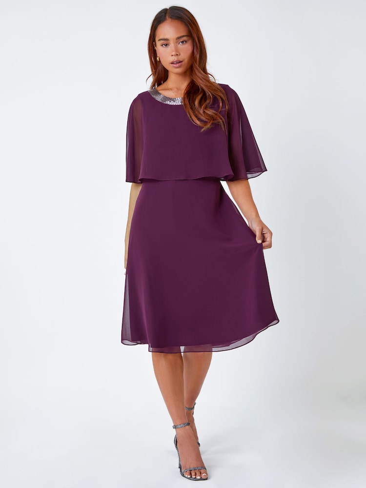 Roman Purple Petite Sparkle Chiffon Cape Dress - Image 2 of 5