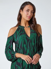 Roman Green Abstract Print Cold Shoulder Stretch Top - Image 1 of 5