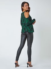 Roman Green Abstract Print Cold Shoulder Stretch Top - Image 2 of 5