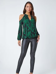 Roman Green Abstract Print Cold Shoulder Stretch Top - Image 3 of 5