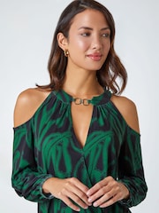 Roman Green Abstract Print Cold Shoulder Stretch Top - Image 4 of 5