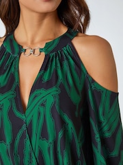 Roman Green Abstract Print Cold Shoulder Stretch Top - Image 5 of 5