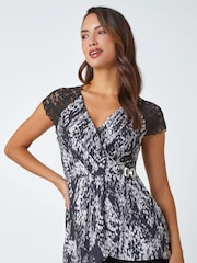 Roman Black Abstract Lace Trim Stretch Wrap Top - Image 1 of 5