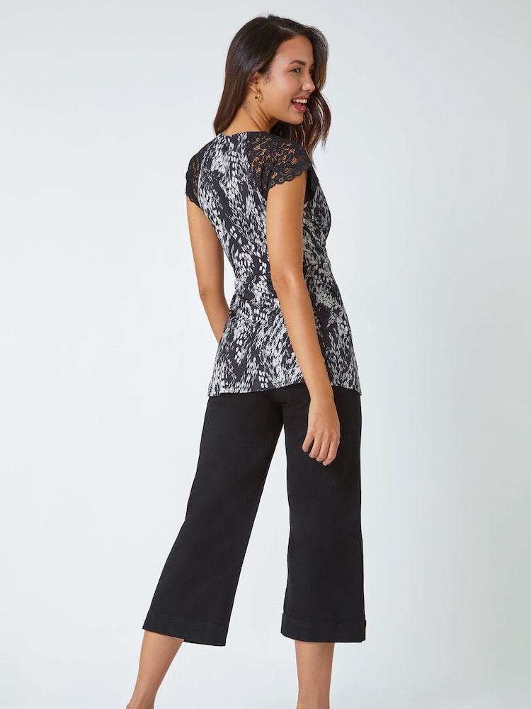 Roman Black Abstract Lace Trim Stretch Wrap Top - Image 2 of 5