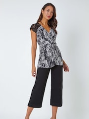 Roman Black Abstract Lace Trim Stretch Wrap Top - Image 3 of 5