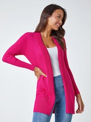 Roman Pink Longline Stretch Ribbed Cardigan - Image 1 of 5