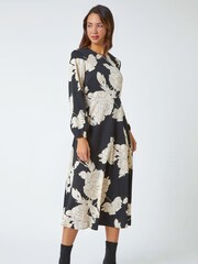 Roman Black Floral Contrast Print Midi Dress - Image 1 of 5