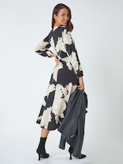 Roman Black Floral Contrast Print Midi Dress - Image 2 of 5