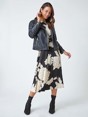 Roman Black Floral Contrast Print Midi Dress - Image 3 of 5