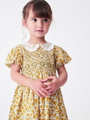 Ochre Yellow Floral Printed Lace Collar Shirred Cotton Dress (3mths-8yrs) - Image 1 of 6