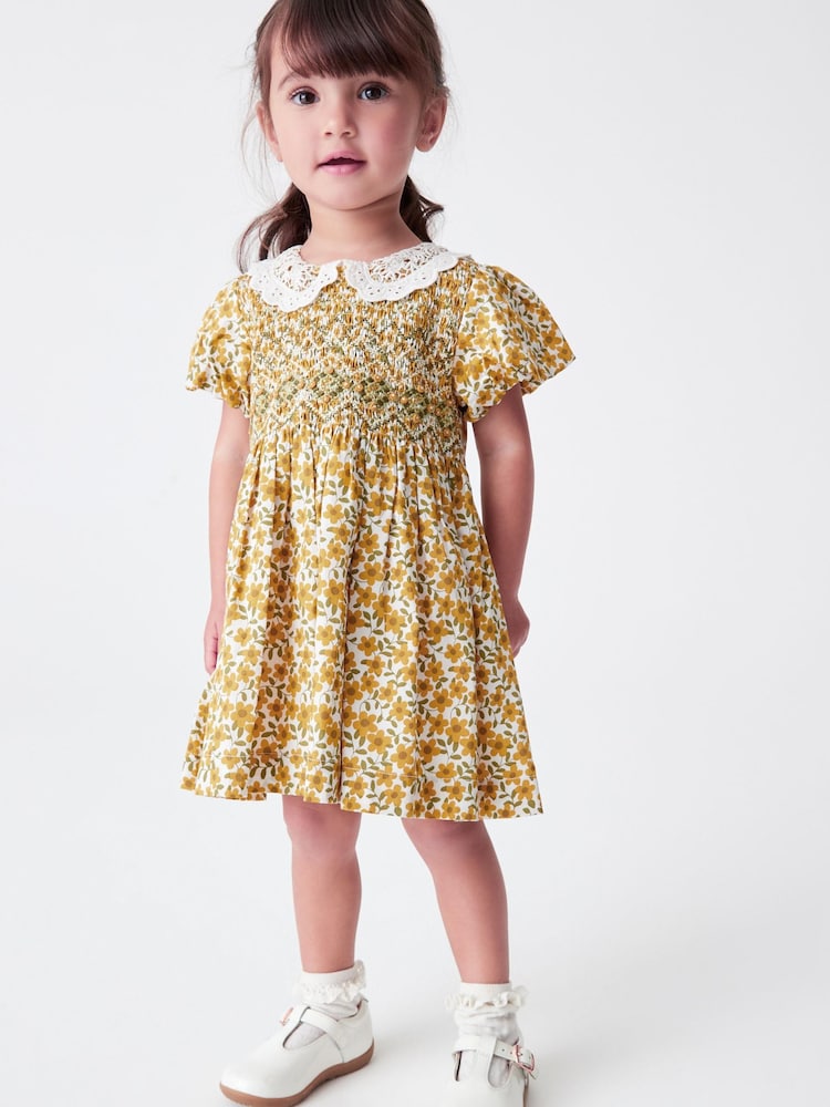Ochre Yellow Floral Printed Lace Collar Shirred Cotton Dress (3mths-8yrs) - Image 2 of 6 Ochre Yellow Floral Printed Lace Collar Shirred Cotton Dress (3mths-8yrs) - Image 2 of 6
