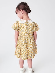 Ochre Yellow Floral Printed Lace Collar Shirred Cotton Dress (3mths-8yrs) - Image 3 of 6