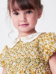 Ochre Yellow Floral Printed Lace Collar Shirred Cotton Dress (3mths-8yrs) - Image 4 of 6