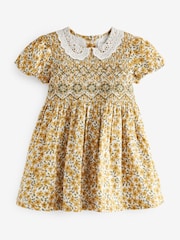 Ochre Yellow Floral Printed Lace Collar Shirred Cotton Dress (3mths-8yrs) - Image 5 of 6