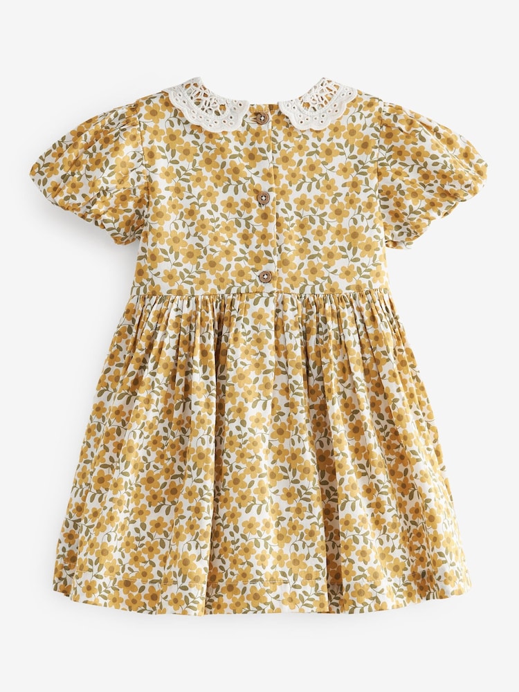Ochre Yellow Floral Printed Lace Collar Shirred Cotton Dress (3mths-8yrs) - Image 6 of 6