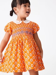 Orange Geo Printed Lace Collar Shirred Cotton Dress (3mths-8yrs) - Image 1 of 6