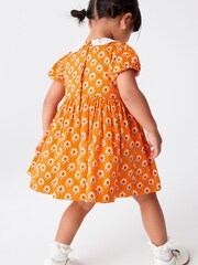 Orange Geo Printed Lace Collar Shirred Cotton Dress (3mths-8yrs) - Image 3 of 6