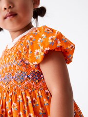 Orange Geo Printed Lace Collar Shirred Cotton Dress (3mths-8yrs) - Image 4 of 6