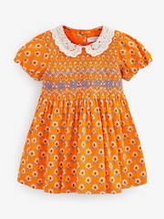 Orange Geo Printed Lace Collar Shirred Cotton Dress (3mths-8yrs) - Image 5 of 6