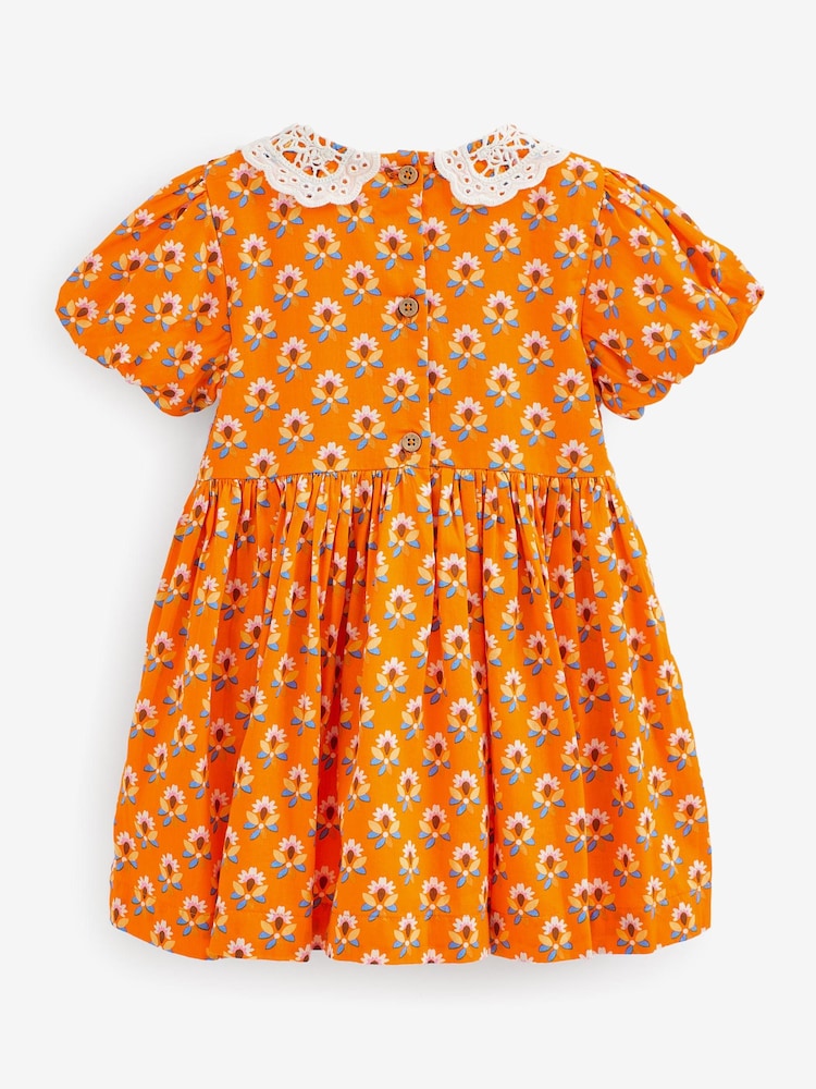 Orange Geo Printed Lace Collar Shirred Cotton Dress (3mths-8yrs) - Image 6 of 6