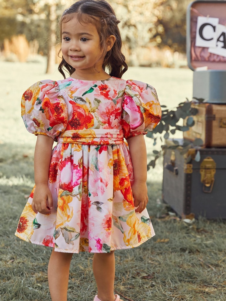 Pink/Yellow Floral Printed Taffeta Party Dress (3mths-8yrs) - Image 1 of 4