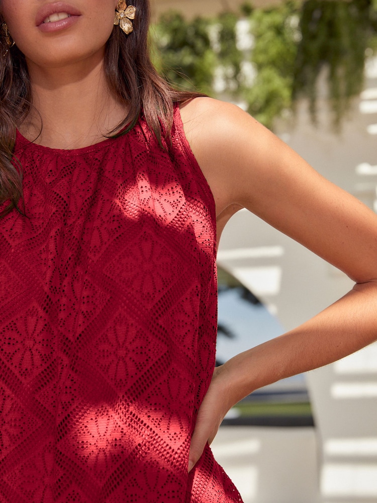 Red Sleeveless Crochet Wide Leg Jumpsuit - Image 4 of 4 Red Sleeveless Crochet Wide Leg Jumpsuit - Image 4 of 4
