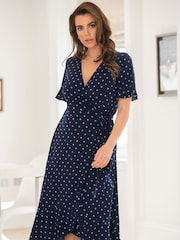 Pour Moi Navy Blue Polka Dot Megan Fuller Bust Slinky Jersey Frill Detail Midi Wrap Dress - Image 1 of 5