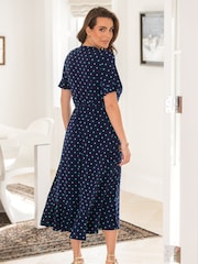 Pour Moi Navy Blue Polka Dot Megan Fuller Bust Slinky Jersey Frill Detail Midi Wrap Dress - Image 3 of 5