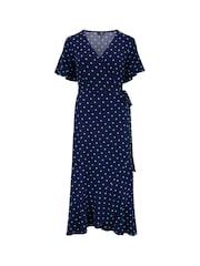 Pour Moi Navy Blue Polka Dot Megan Fuller Bust Slinky Jersey Frill Detail Midi Wrap Dress - Image 4 of 5