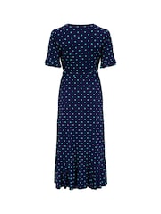 Pour Moi Navy Blue Polka Dot Megan Fuller Bust Slinky Jersey Frill Detail Midi Wrap Dress - Image 5 of 5
